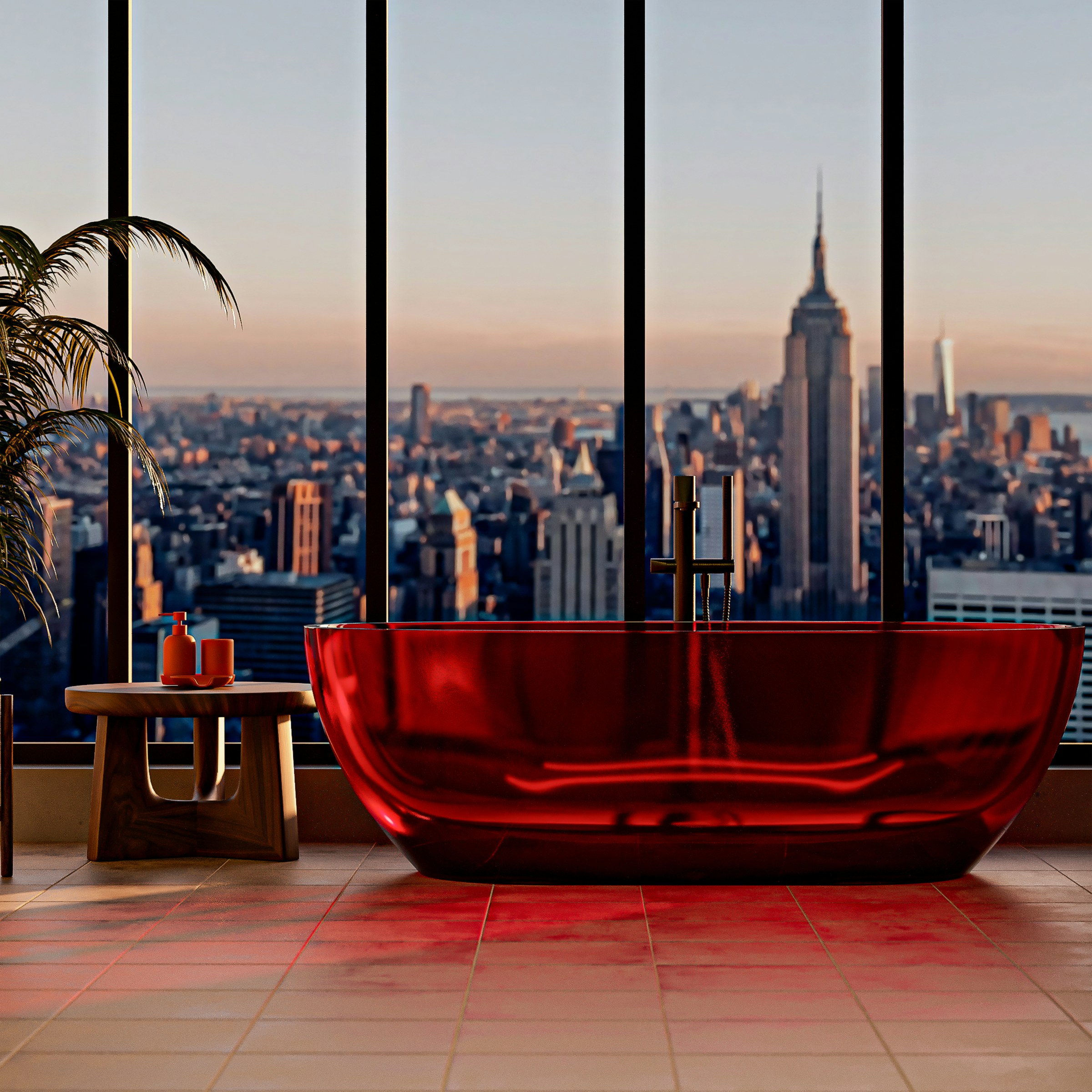Manhattan at dusk through the windows of a penthouse