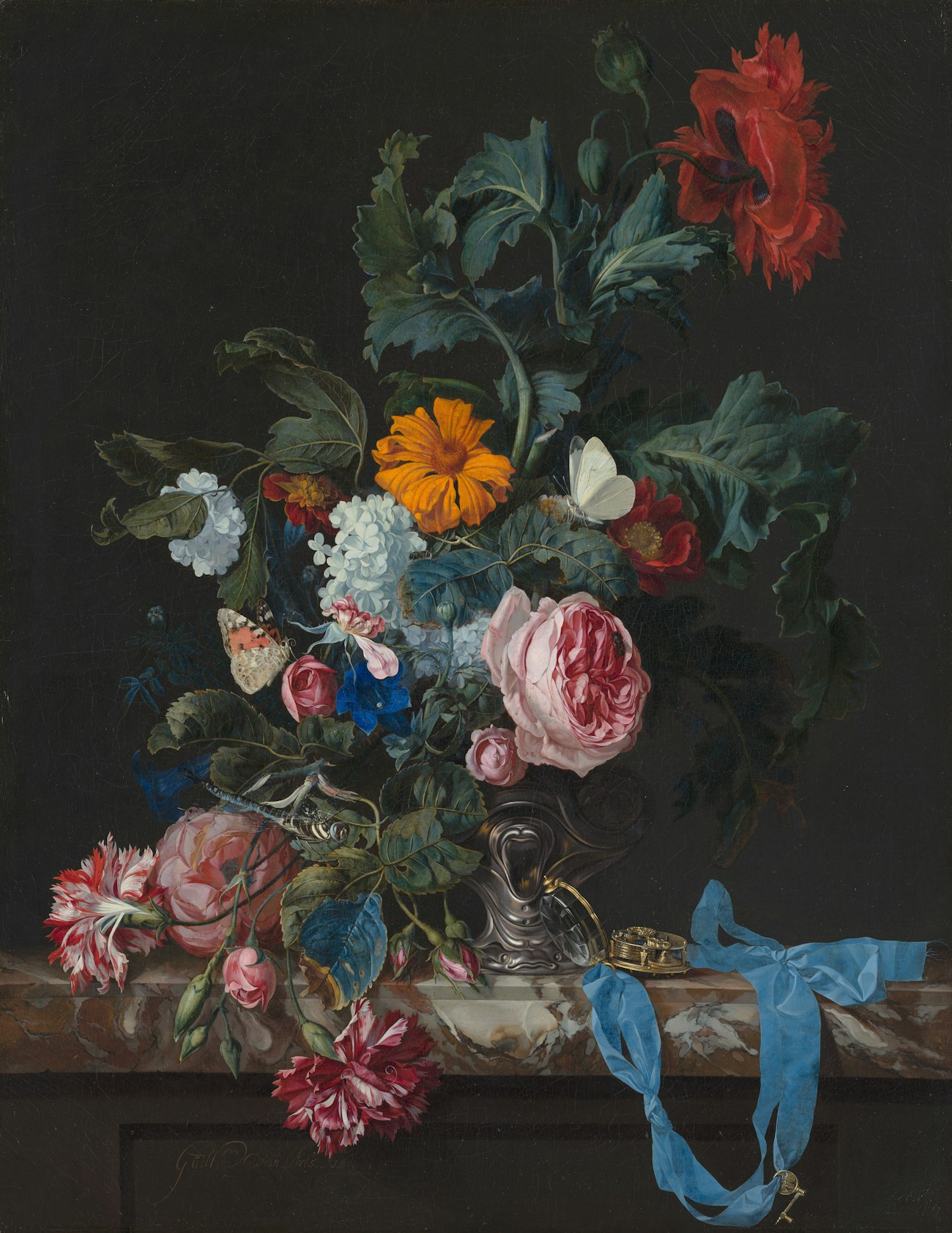 Still Life of Roses and Tulips on a Ledge