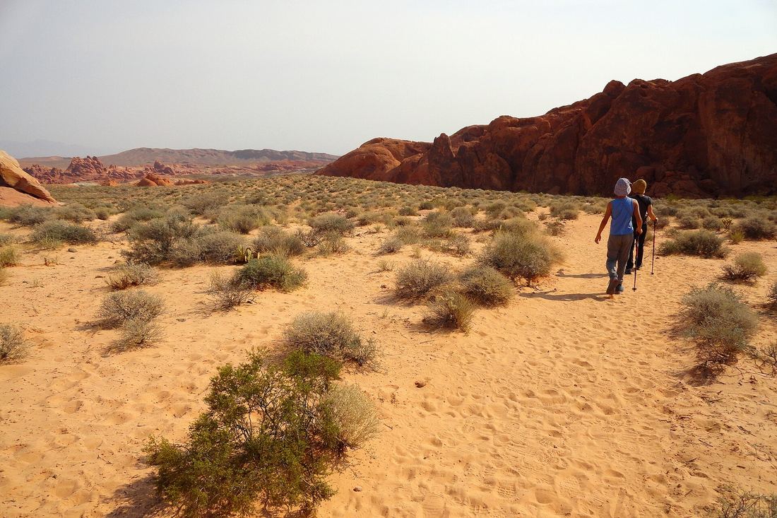 Two hikers crossing the desert toward red cliffs in Valley of Fire