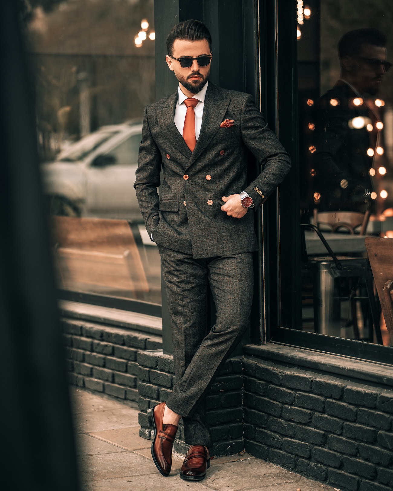 Double-breasted suit worn