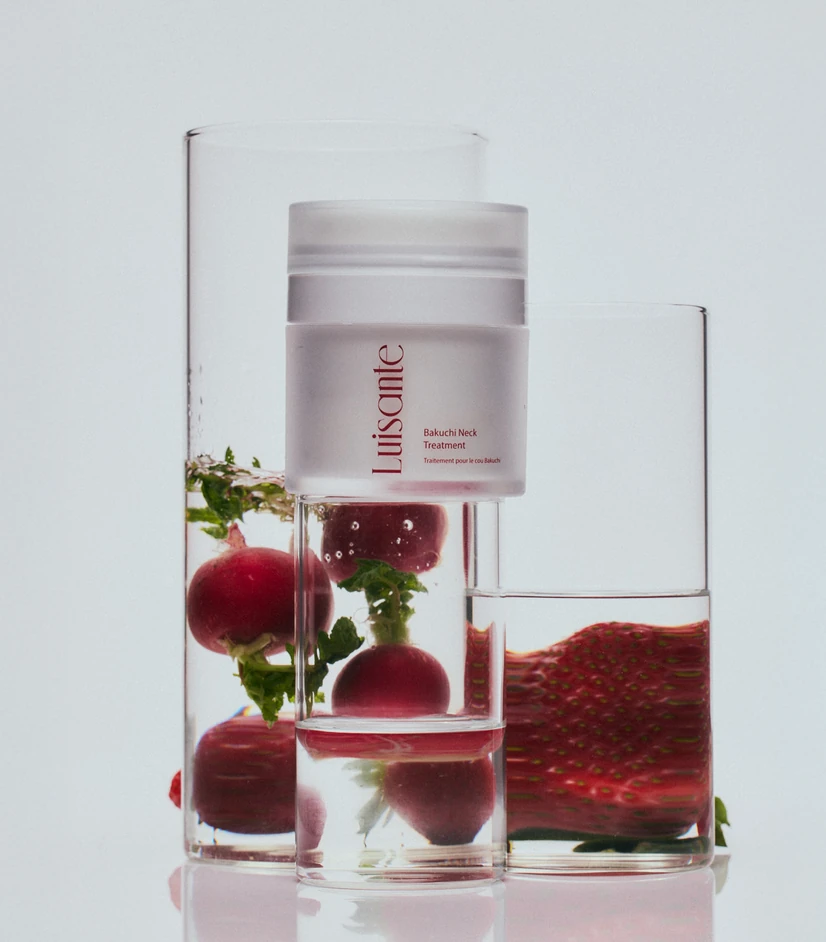 Bakuchi Neck Treatment jar with strawberries