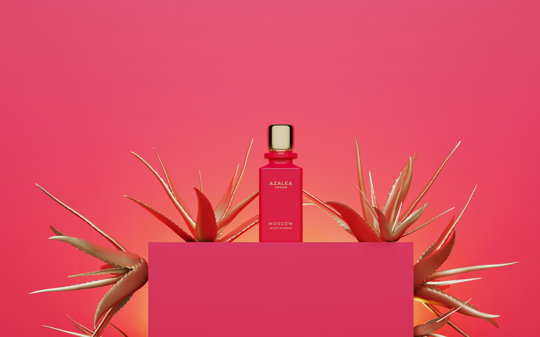A red flacon on a pink background