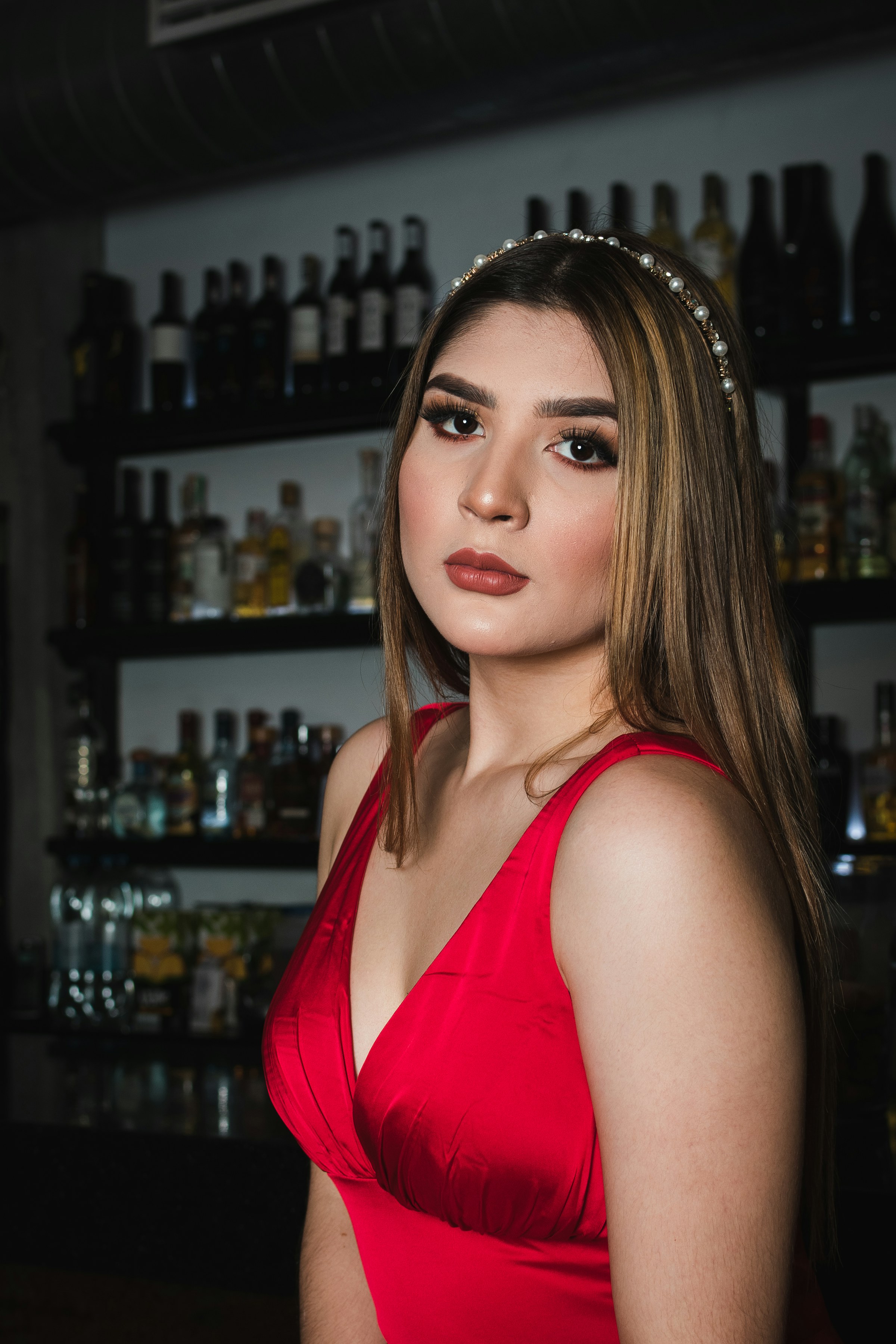 Woman in a red silk dress