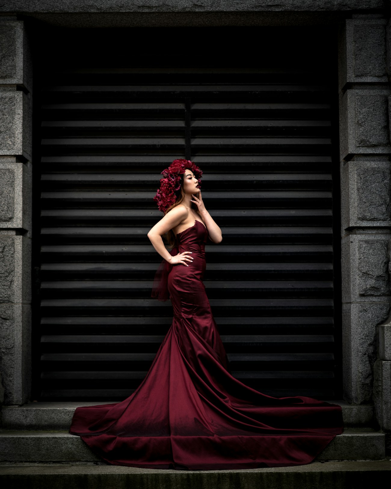 Guest in a burgundy gown