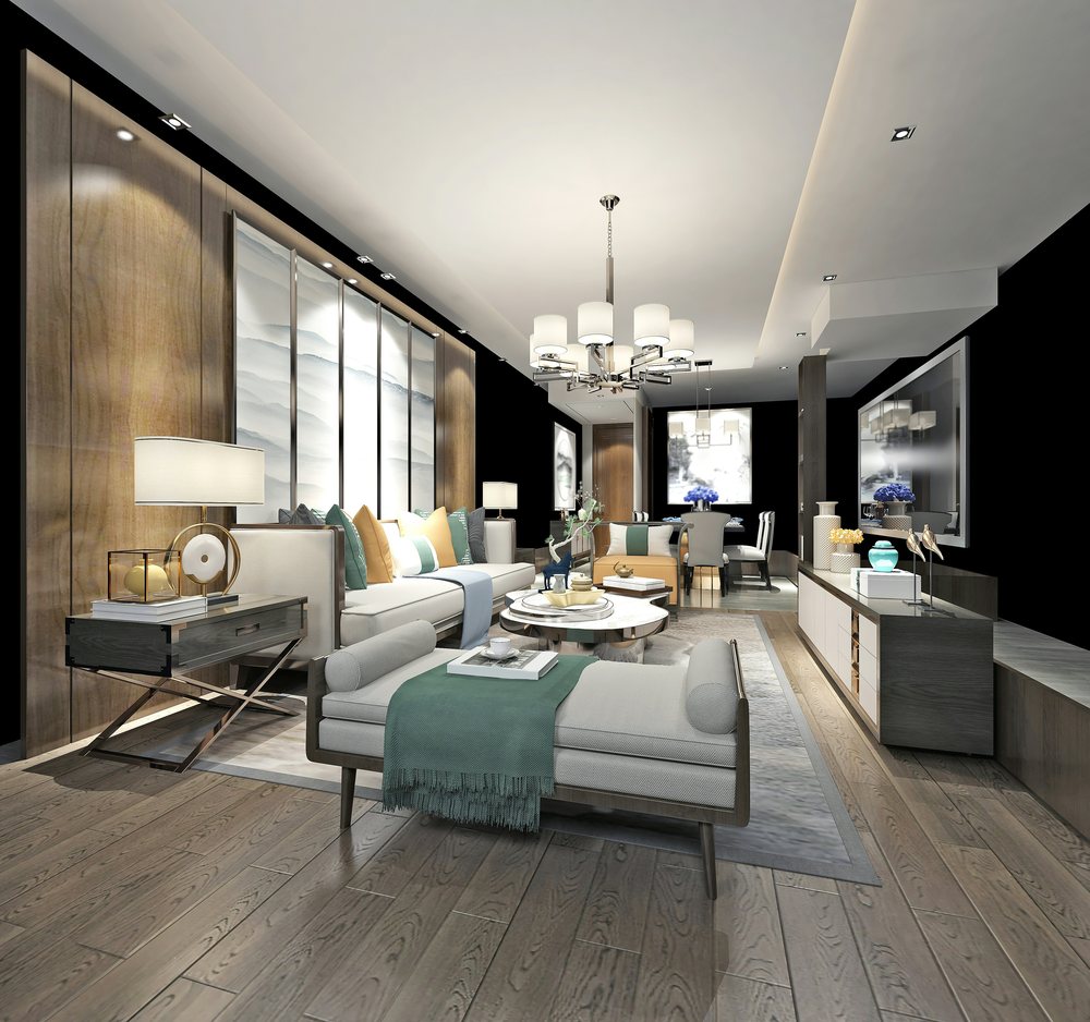 A bright living room with a chandelier